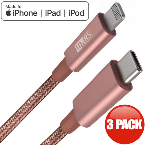 3-Pack iDARS MFi Apple Certified PD Fast Charge USB-C to Lightning Braided Cable (4 ft) - Rose Gold
