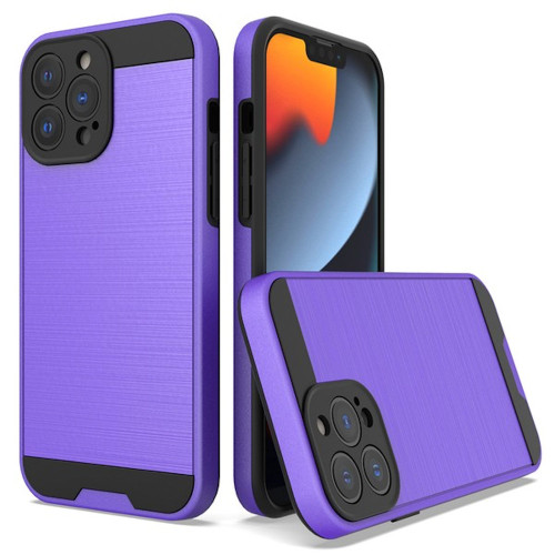 Brushed Metal Textured Hybrid Armor Case for iPhone 14 Pro Max - Purple