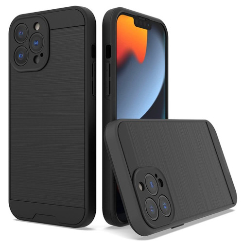 Brushed Metal Textured Hybrid Armor Case for iPhone 14 Pro - Black