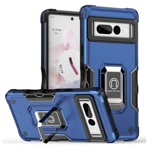 Military Grade Shockproof Hybrid Armor Case with Ring Grip for Google Pixel 7 Pro - Navy Blue