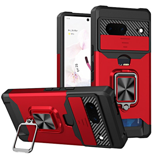 Military Grade All-In-One Ring Stand Card Case for Google Pixel 7 - Red