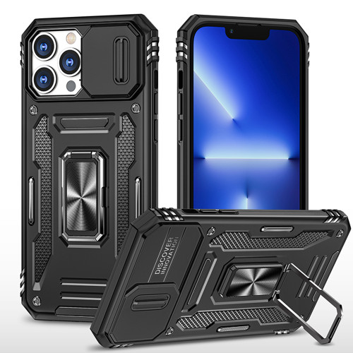 Military Grade Ring Holder Case with Camera Lens Cover for iPhone 14 Pro - Black