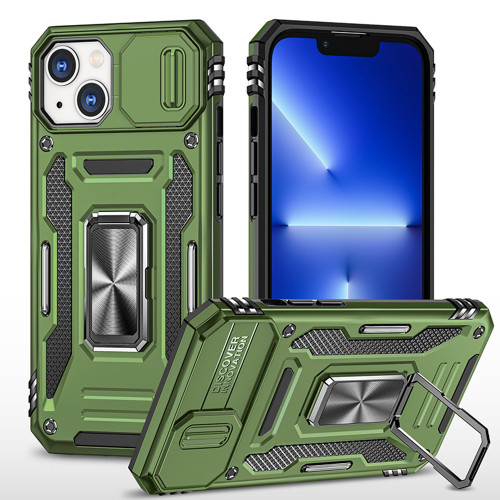Military Grade Ring Holder Case with Camera Lens Cover for iPhone 14 - Green