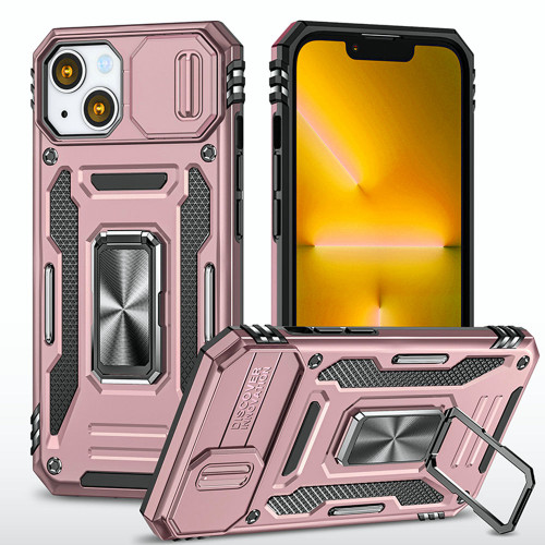 Military Grade Ring Holder Case with Camera Lens Cover for iPhone 14 - Rose Gold
