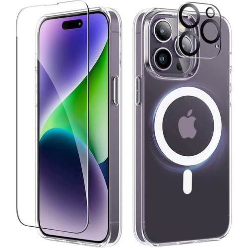 MagSafe Compatible Premium Hybrid Protective Clear Case + Tempered Glass Screen and Camera Lens Protector for iPhone 14 Pro Max