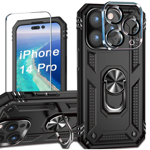 Military Grade Finger Loop Case with 360° Rotating Ring Grip Kickstand + Tempered Glass Screen and Camera Lens Protector for iPhone 14 Pro - Black