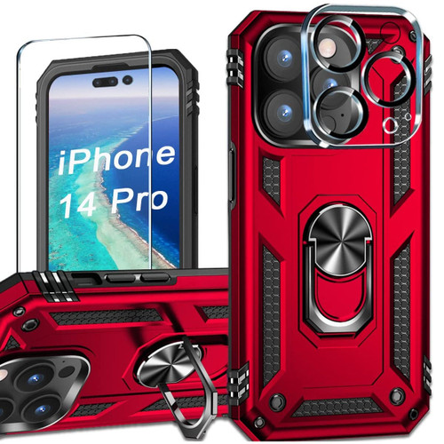 Military Grade Finger Loop Case with 360° Rotating Ring Grip Kickstand + Tempered Glass Screen and Camera Lens Protector for iPhone 14 Pro - Red