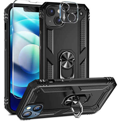 Military Grade Finger Loop Case with 360° Rotating Ring Grip Kickstand + Tempered Glass Screen and Camera Lens Protector for iPhone 14 Plus - Black