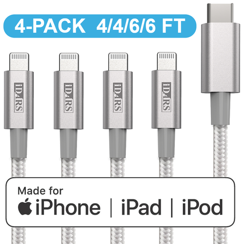 4-Pack iDARS MFi Apple Certified PD Fast Charge USB-C to Lightning Braided Cable (4ft/4ft/6ft/6ft) - White