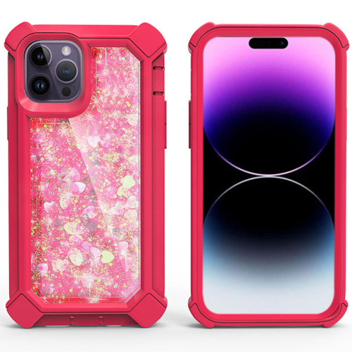 Military Grade Quicksand Glitter Waterfall Hybrid Case for iPhone 14 Pro - Hot Pink