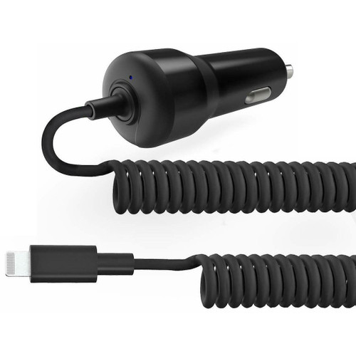 iDARS MFi Certified 18W PD 3.0 Car Charger with Hardwired Lightning Coiled Cable - Black