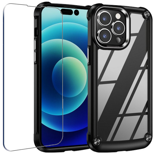Tough Shield Snap-on Transparent Case and Tempered Glass Screen Protector for iPhone 14 Pro Max - Black