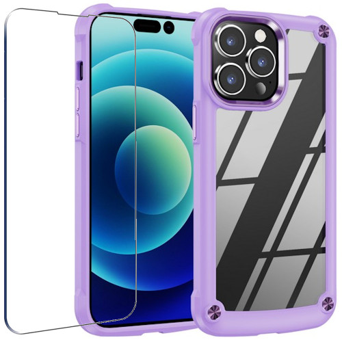 Tough Shield Snap-on Transparent Case and Tempered Glass Screen Protector for iPhone 14 Pro - Purple