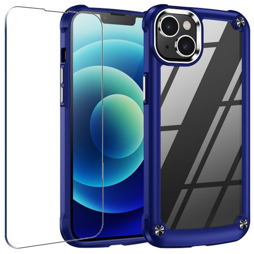 Tough Shield Snap-on Transparent Case and Tempered Glass Screen Protector for iPhone 14 - Navy Blue