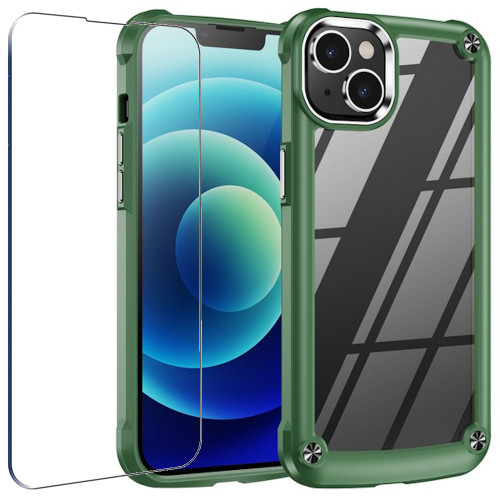 Tough Shield Snap-on Transparent Case and Tempered Glass Screen Protector for iPhone 14 Plus - Green