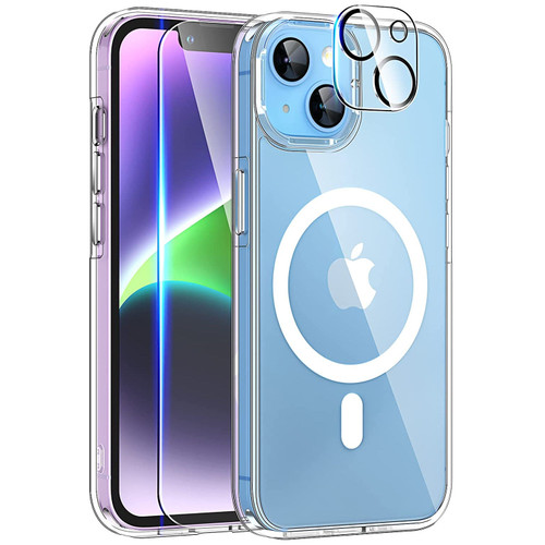 MagSafe Compatible Premium Hybrid Protective Clear Case + Tempered Glass Screen and Camera Lens Protector for iPhone 14 Plus