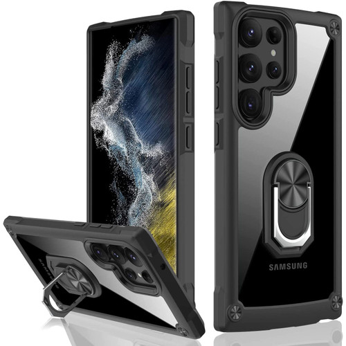 Tough Shield Snap-on Transparent Case with Ring Grip for Samsung Galaxy S23 Ultra - Black