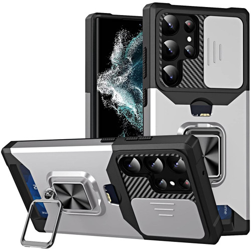 Military Grade All-In-One Ring Stand Card Case for Samsung Galaxy S23 Ultra - Silver