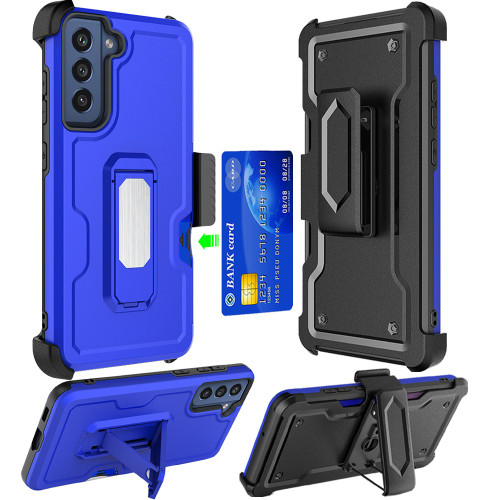 Ultra Rugged Hybrid Kickstand Case with Card Slot and Belt Clip Holster for Samsung Galaxy S23 Plus - Blue