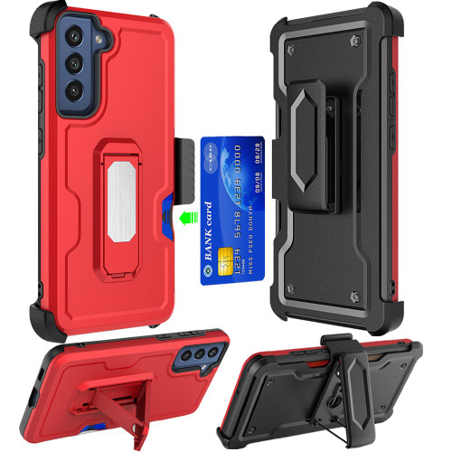 Ultra Rugged Hybrid Kickstand Case with Card Slot and Belt Clip Holster for Samsung Galaxy S23 Plus - Red