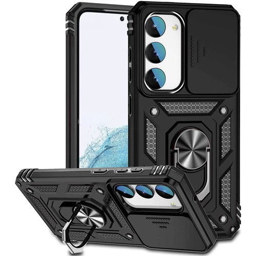 Military Grade Hybrid Case with Ring Grip and Camera Lens Protector for Samsung Galaxy S23 Plus - Black