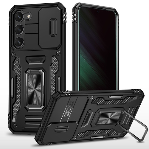 Military Grade Ring Holder Case with Camera Lens Cover for Samsung Galaxy S23 - Black