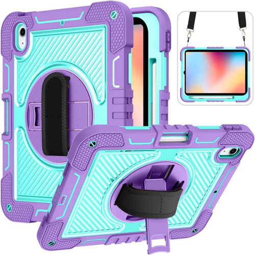 Military Grade 3-IN-1 Hybrid Armor Case with Hand and Shoulder Strap for iPad (10th Generation) - Purple Teal