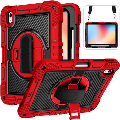 Military Grade 3-IN-1 Hybrid Armor Case with Hand and Shoulder Strap for iPad (10th Generation) - Red