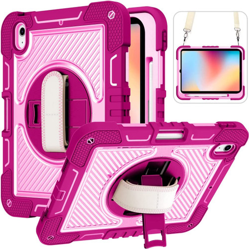 Military Grade 3-IN-1 Hybrid Armor Case with Hand and Shoulder Strap for iPad (10th Generation) - Rose Pink