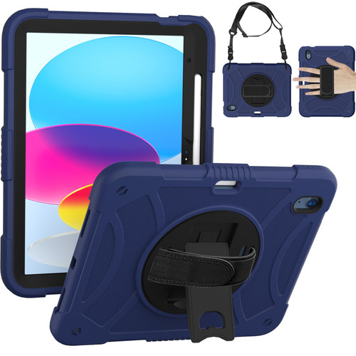 Military Grade 3-IN-1 Shockproof Hybrid Case with Hand Strap for iPad (10th Generation) - Navy Blue