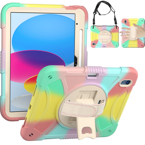 Military Grade 3-IN-1 Shockproof Hybrid Case with Hand Strap for iPad (10th Generation) - Rainbow