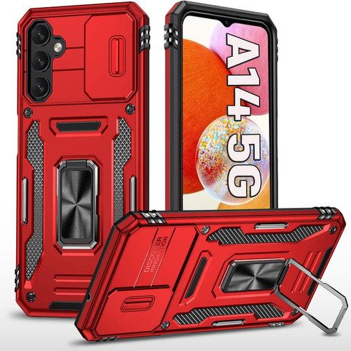 Military Grade Ring Holder Case with Camera Lens Cover for Samsung Galaxy A14 5G - Red