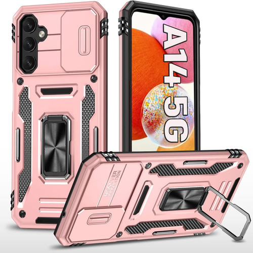 Military Grade Ring Holder Case with Camera Lens Cover for Samsung Galaxy A14 5G - Rose Gold