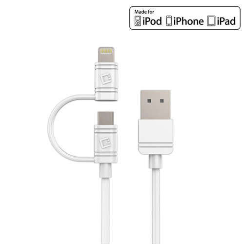 Cellet MFi Certified 2-IN-1 Micro-USB + Lightning Connector Charging and Data Sync Cable - White