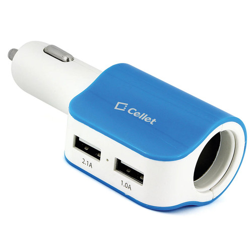 High Power 15 Watt 3.1 Amp Dual USB Car Charger with Cigarette Lighter Port - Blue