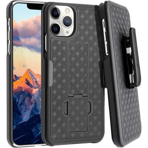 Shell Holster Kickstand Case with Spring Belt Clip for iPhone 11 Pro Max - Black