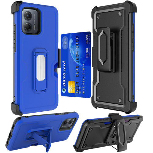 Ultra Rugged Hybrid Kickstand Case with Card Slot and Belt Clip Holster for Motorola Moto G Power 5G 2023 - Blue