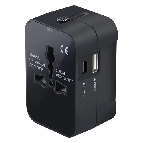Worldwide All-In-One Universal Power Adapter with USB-C and USB-A Charging Ports - Black