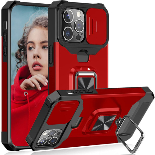 Military Grade All-In-One Ring Stand Card Case for iPhone 15 Pro Max - Red