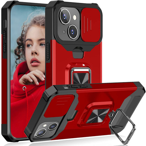 Military Grade All-In-One Ring Stand Card Case for iPhone 15 Plus - Red