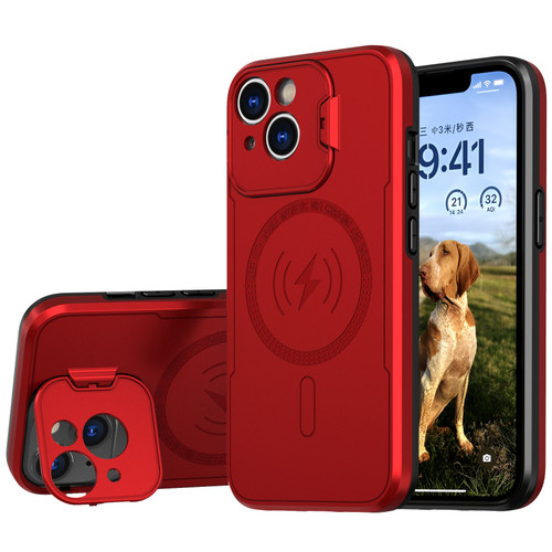MagSafe Compatible Hybrid Case with Camera Ring Stand for iPhone 15 - Red