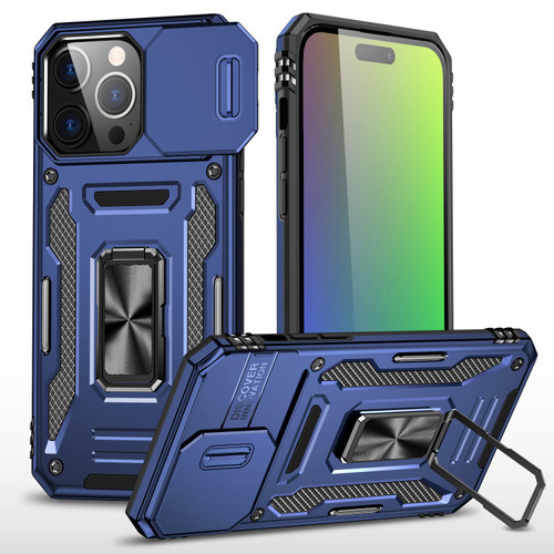 Military Grade Ring Holder Case with Camera Lens Cover for iPhone 15 Pro Max - Navy Blue