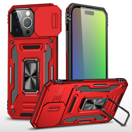 Military Grade Ring Holder Case with Camera Lens Cover for iPhone 15 - Red