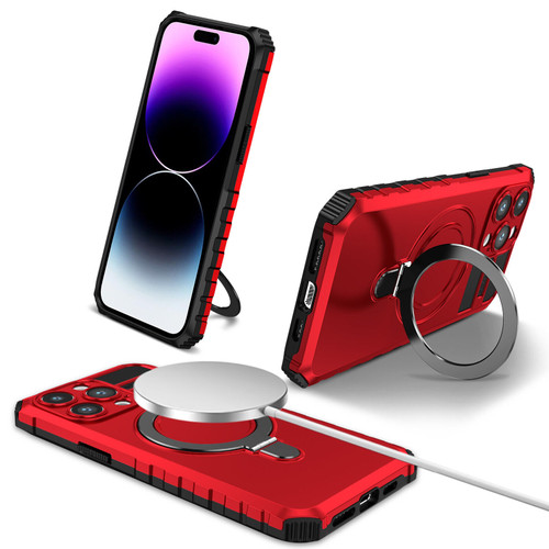 Hybrid Armor Case with MagSafe Ring Stand for iPhone 15 Pro Max - Red