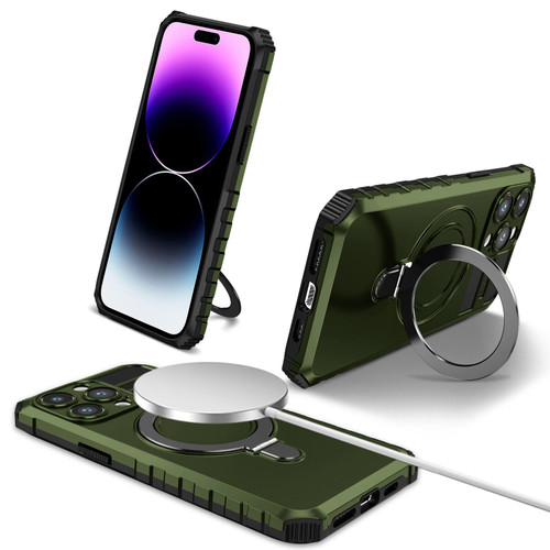 Hybrid Armor Case with MagSafe Ring Stand for iPhone 15 Pro - Green