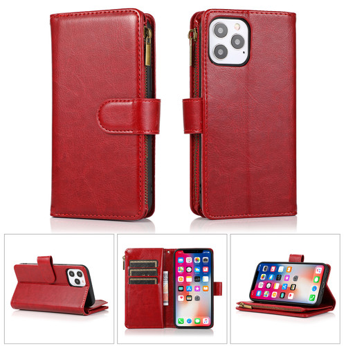Leather Wallet Case with Zipper Pocket for iPhone 15 Pro Max - Red