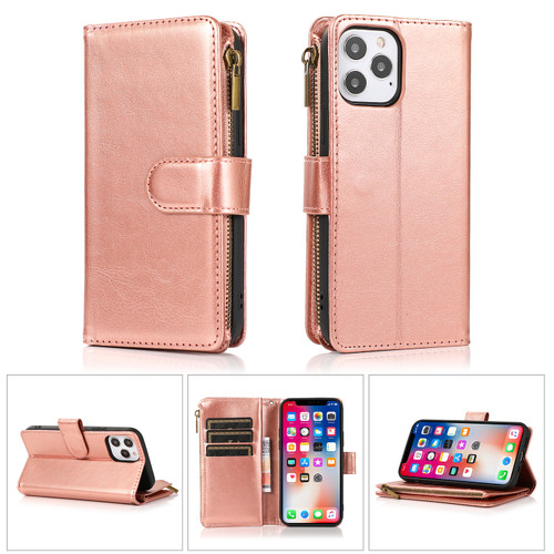 Leather Wallet Case with Zipper Pocket for iPhone 15 Pro - Rose Gold