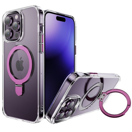 HD Transparent Case with MagSafe Kickstand Ring Holder for iPhone 15 Pro Max - Pink