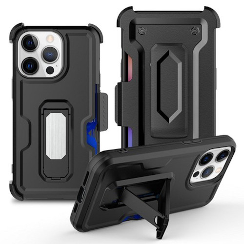 Ultra Rugged Hybrid Kickstand Case with Card Slot and Belt Clip Holster for iPhone 15 Pro Max - Black