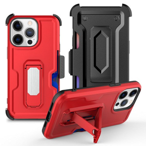 Ultra Rugged Hybrid Kickstand Case with Card Slot and Belt Clip Holster for iPhone 15 Pro Max - Red